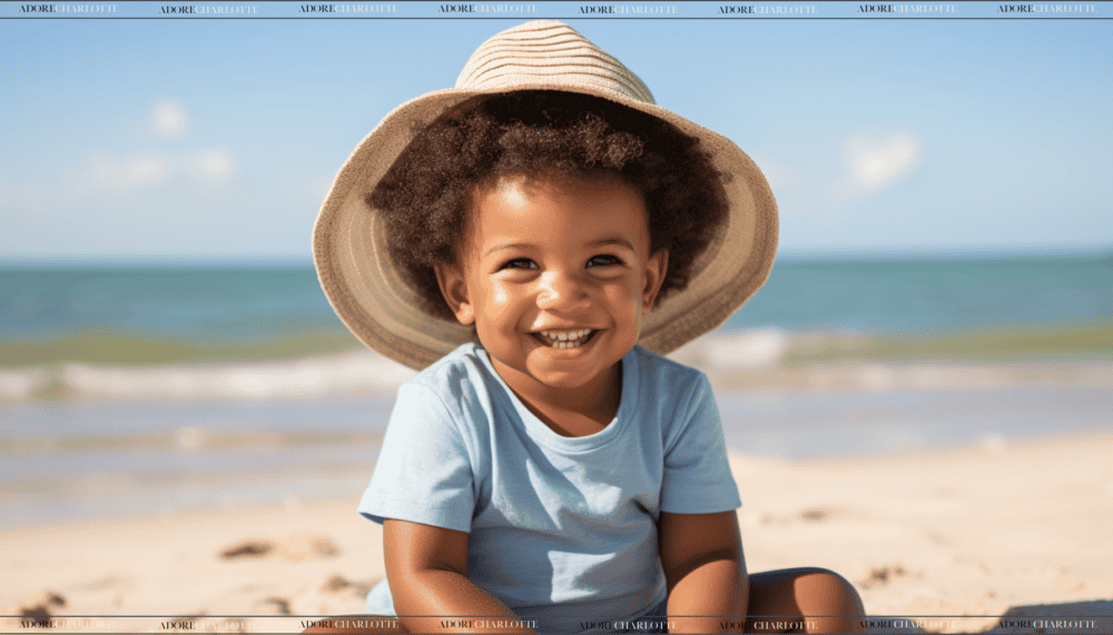 Adorable black baby boy with an afro and a sun hat on a beach.