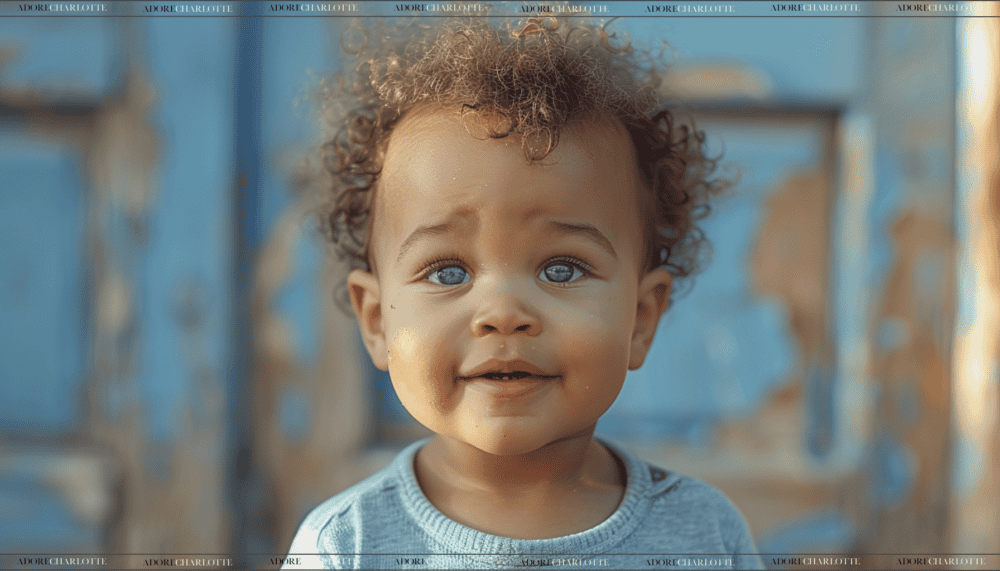 Stunning little toddler with brown curly hair and blue eyes.