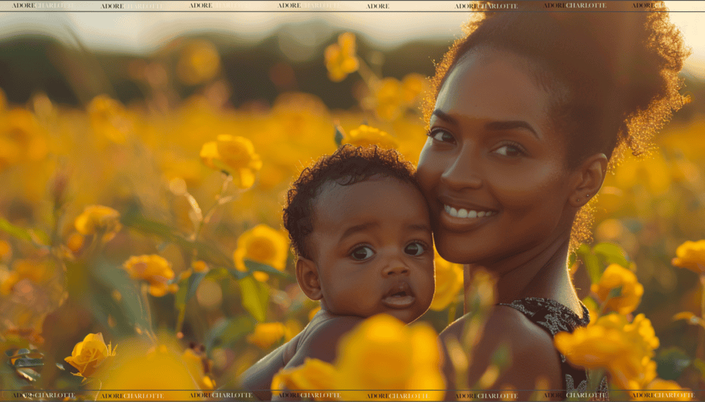 Middle Names for Asher beautiful black mother with natural hair sitting in a field of flowers at sunset with newborn baby.