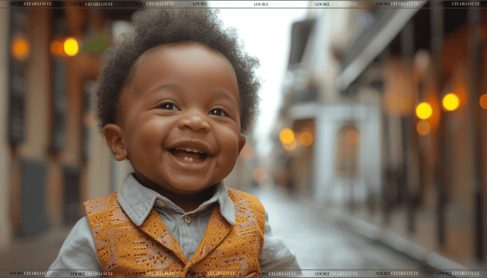 Super cute little black toddler smiling standing on an empty street.