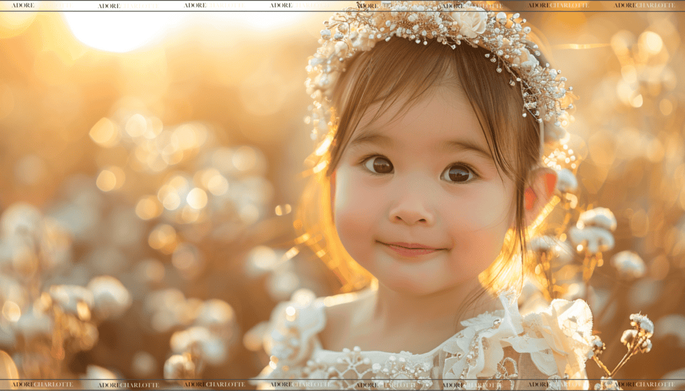 Beautiful Asian baby girl princess with a stunning hairband in the sunset