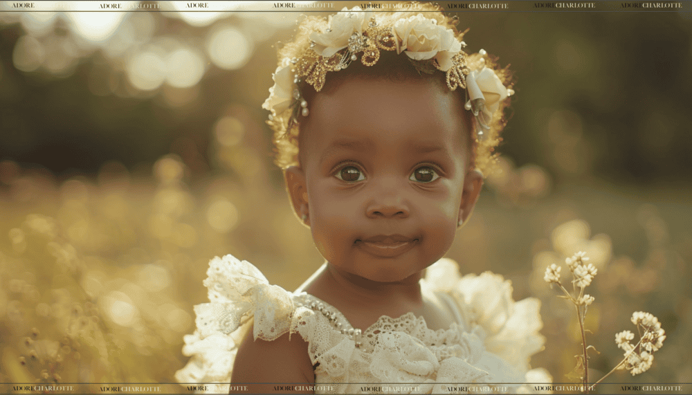 Beautiful black baby girl princess with a flower crown outside