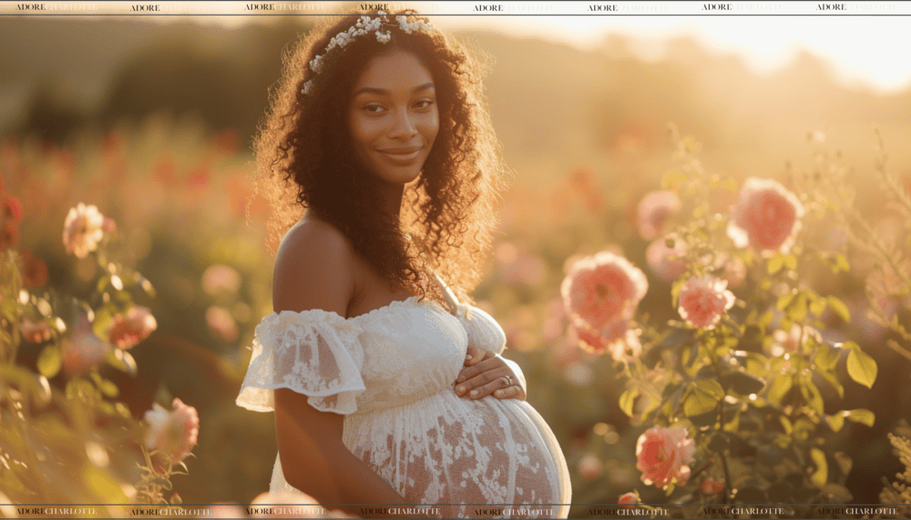 Middle Names for Aurora stunning pregnant woman with natural hair and a flower hairband crown in a field of flowers