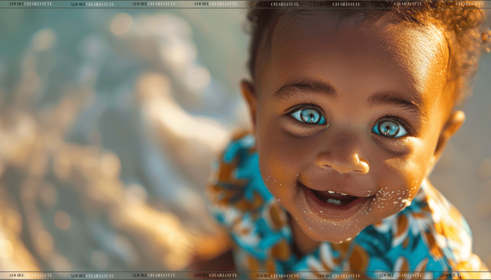 stunning black boy with blue eyes on vacation