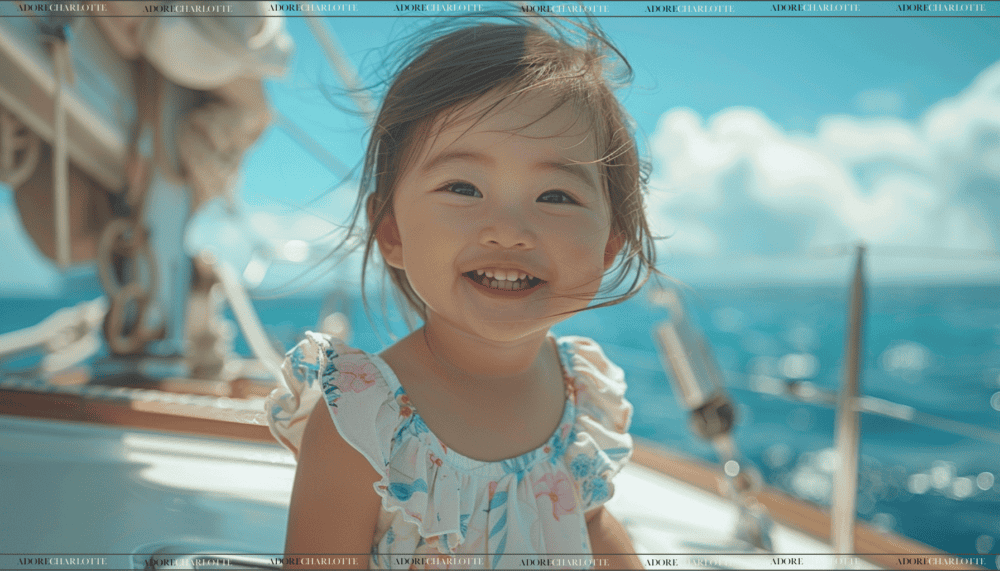 Adorable Asian toddler girl with a beautiful smile on a sailing boat.