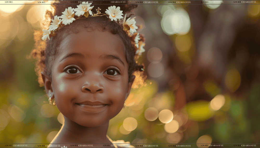 Beautiful black baby girl with earrings and a flower headband.