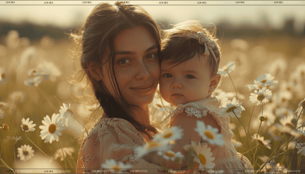 Middle Names for Ella beautiful mother and daughter with brown eyes in a field full of daisies.