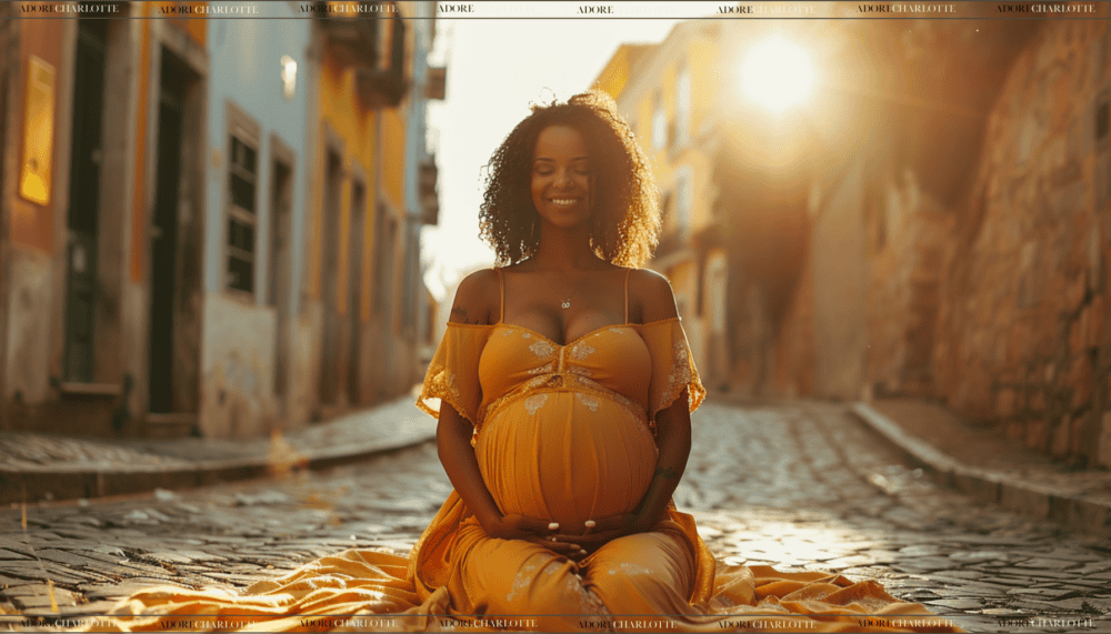 Middle Names for Ella beautiful pregnant woman sitting on a empty street at sunset.