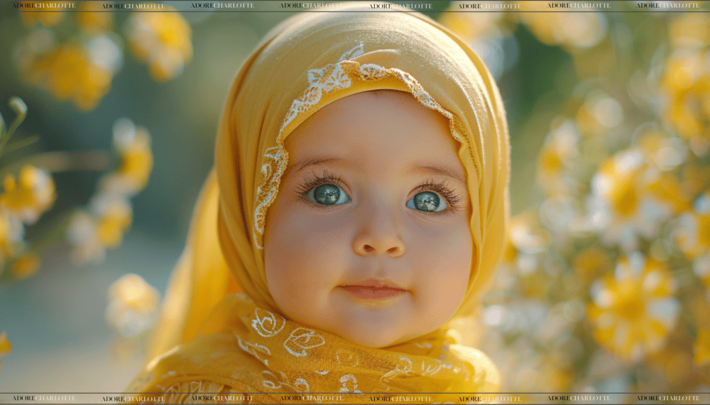 Stunning baby girl with blue eyes wearing yellow head scarf.