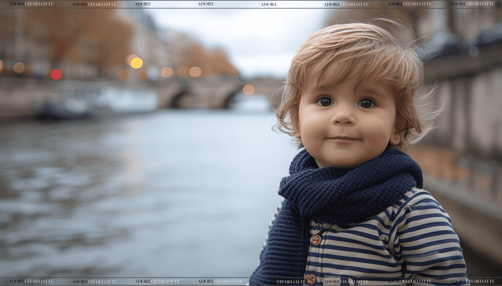 Adorable cute french boy wearing a blue scarf next to a river in France