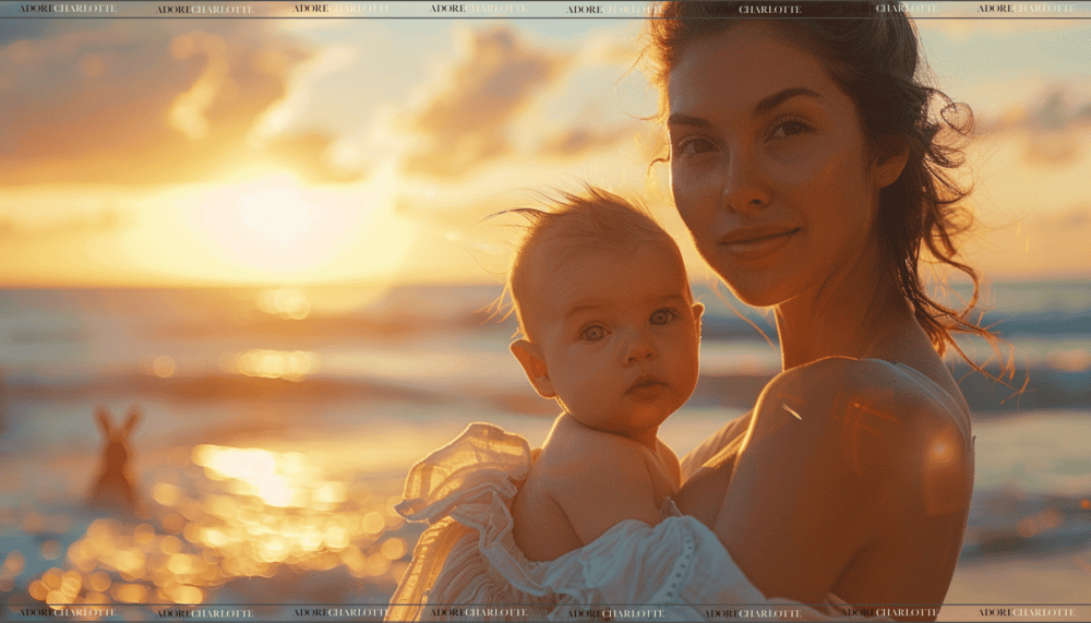 Middle Names for Ezra adoreble mother and baby on a bunny beach at sunset cuddling.