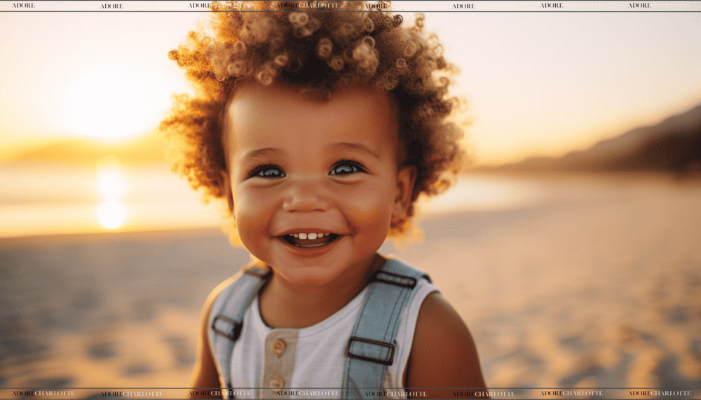 Beautiful mixed race boy with a beautiful smile at sunset on a beach