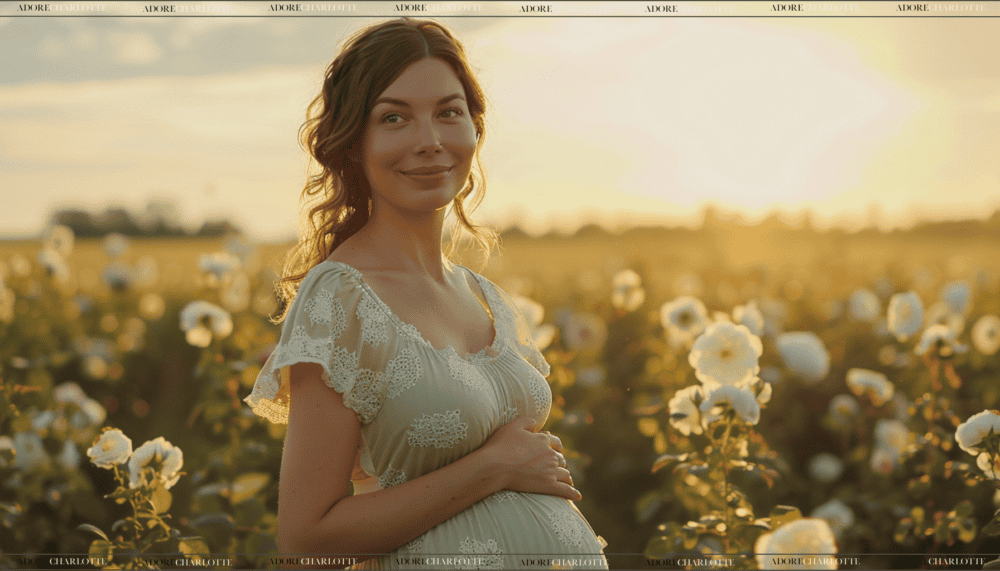 Middle Names for Ezra beautiful pregnant woman wearing a lovely lace type dress in a field of flowers