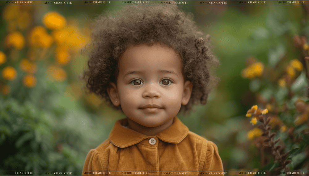 Beautiful mixed race toddler with bright brown eyes in a forest