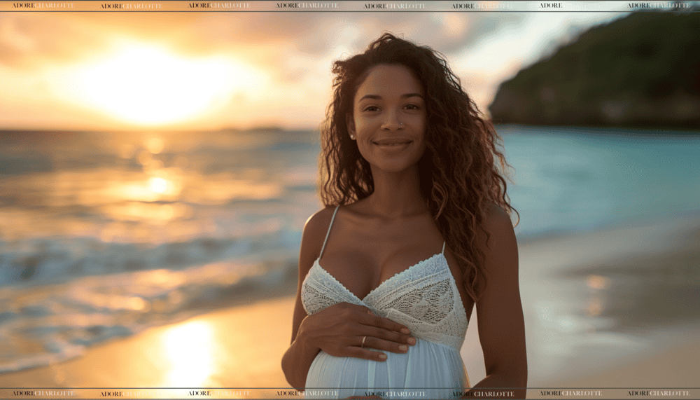 Middle Names for Harper beautiful pregnant woman with curly hair on a beach at sunset