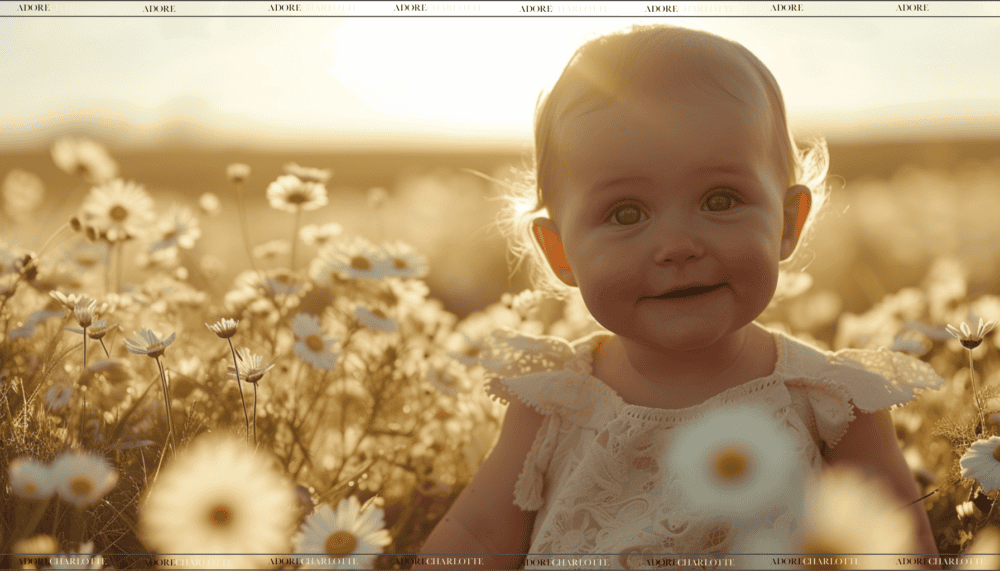 Cute baby girl in a field of daisys wearing a white dress