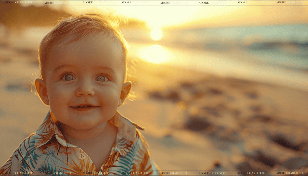 Cute baby boy in a tropical shirt on a sunset beach.