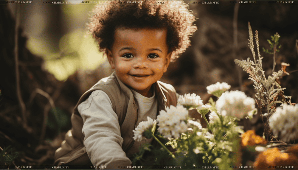 Cute little black boy in a forest