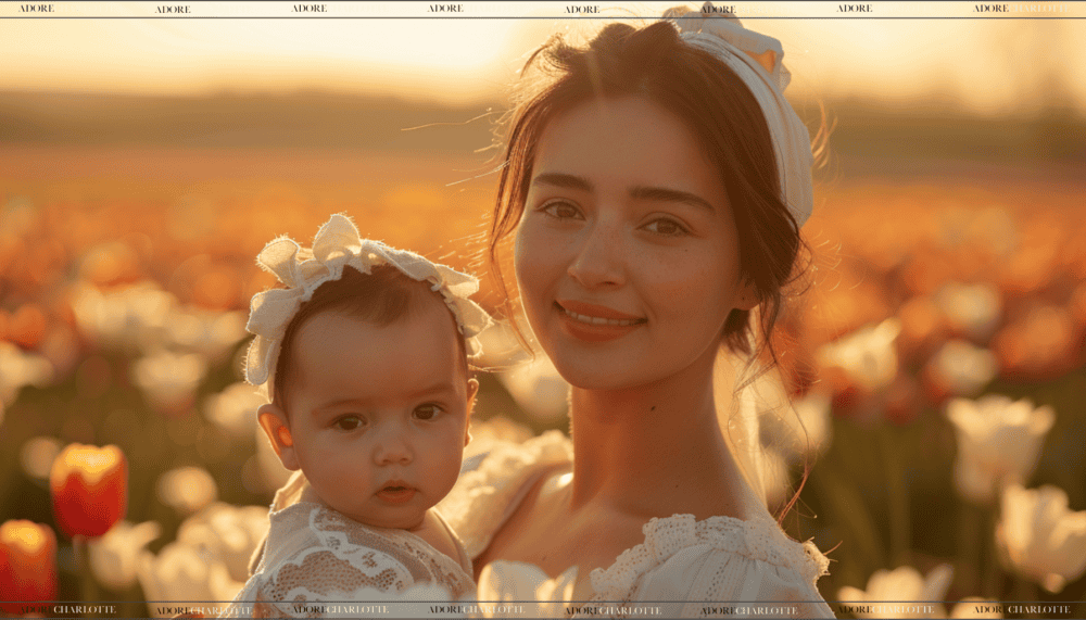 Middle Names for Mia cute mother and daughter in field of flowers at sunset.