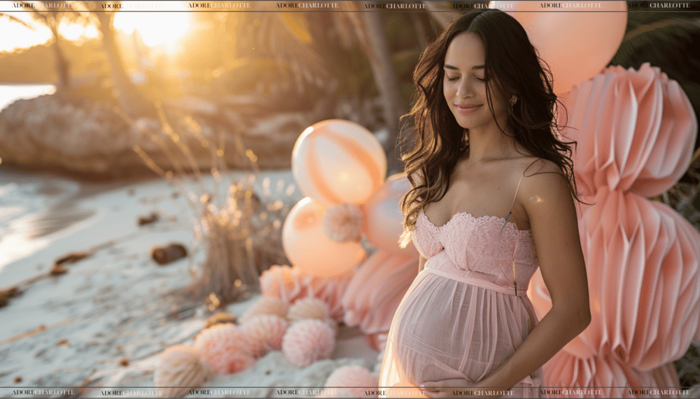 Middle Names for Mia stunning pregnant woman on a beach in a pink summer dress.