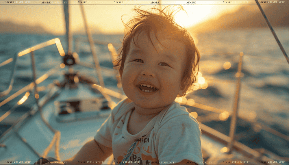 Beautiful asian boy laughing on a sail boat at sunset.