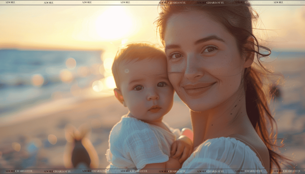 Middle Names for William beautiful mother and baby on a beach at sunset gazing into the camera.