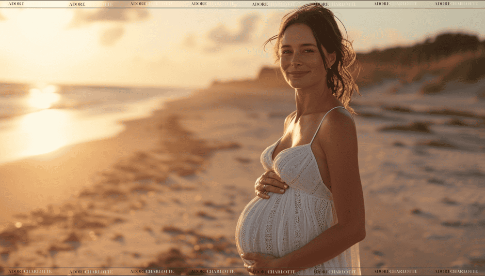 Middle Names for William beautiful pregnant woman on a beach at sunset wearing a stunning white flowing dress.