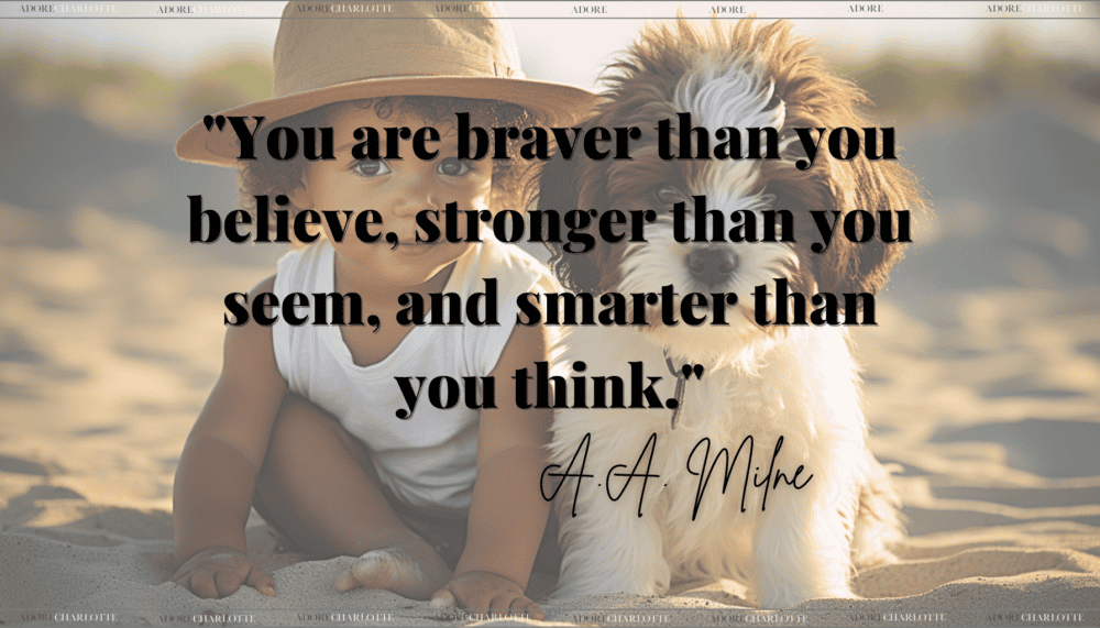 Mindfulness Quotes For Kids Quote by A.A. Milne over an image of a boy on a beach with his dog