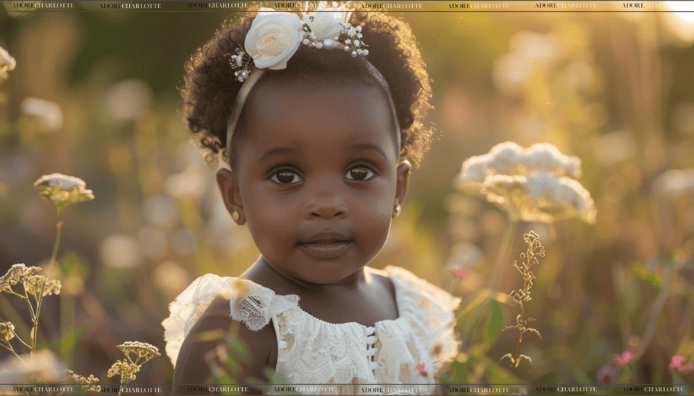 Black Baby Girl Names cute baby girl in flower dress.