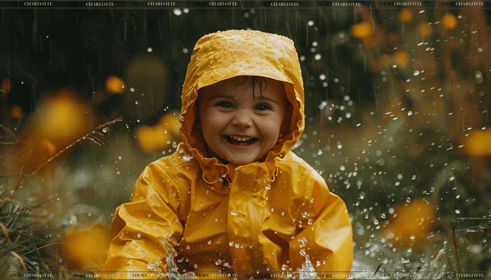 Toddler in the rain wearing a yellow rain suit - Girl Names that Mean Storm
