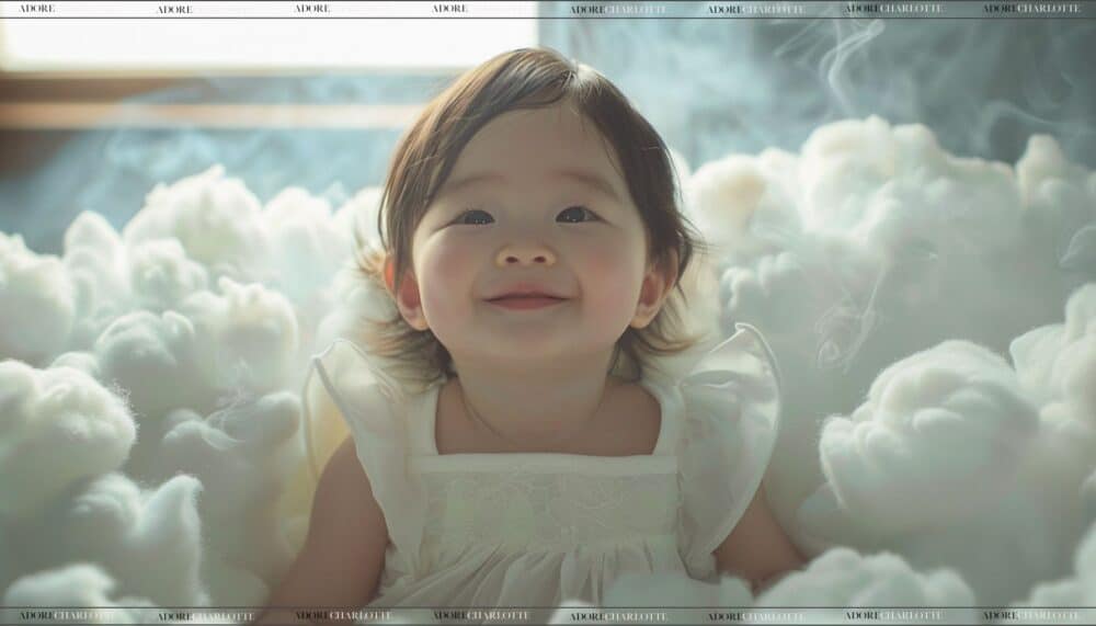 adorable Korean baby girl in a white dress