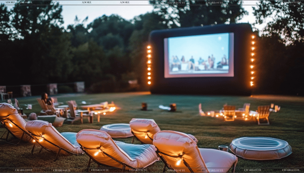 Outdoor movie streaming garden party.