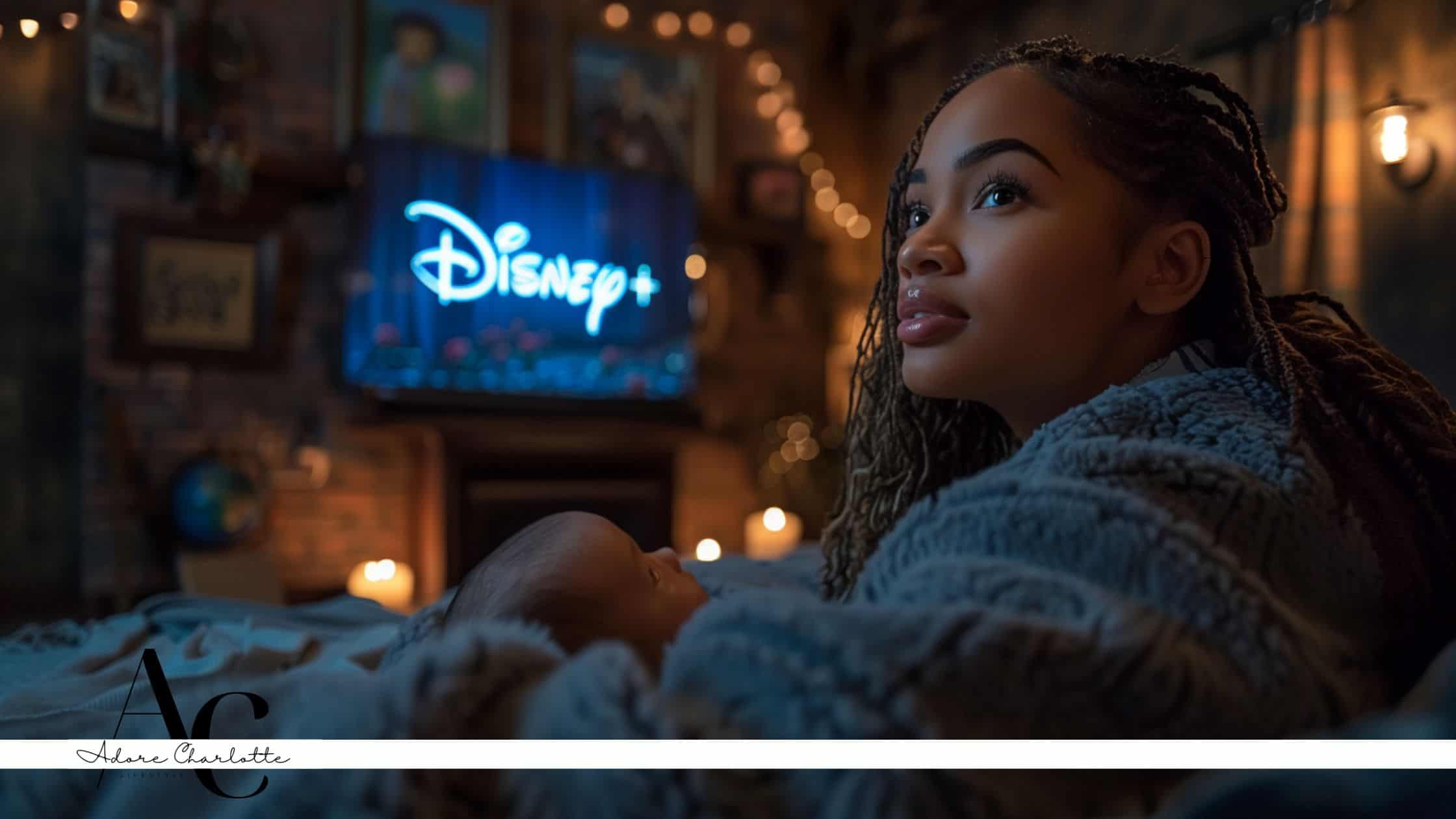 mother watching Disney+ during a night feed.