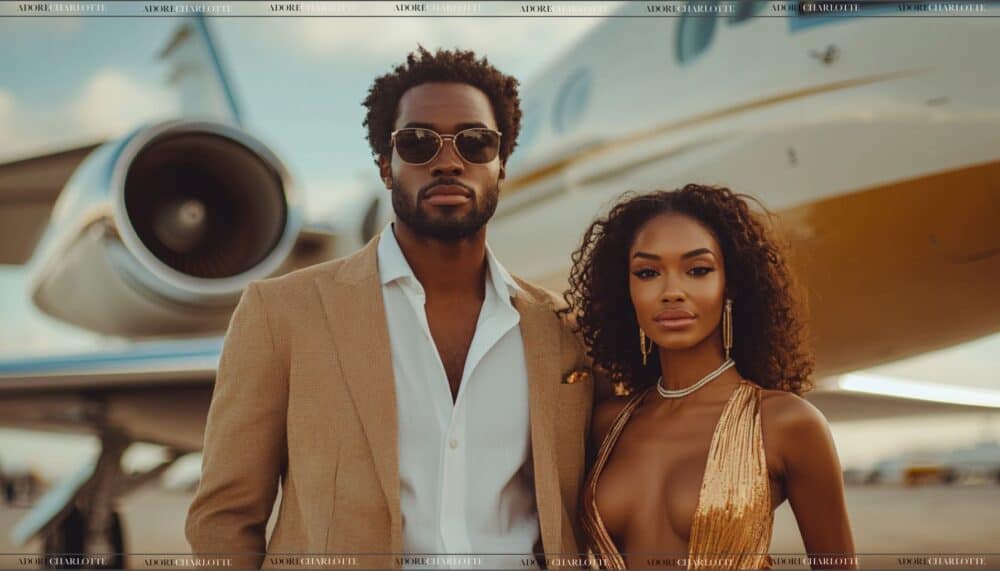 Beautiful couple in front of a Private Jet