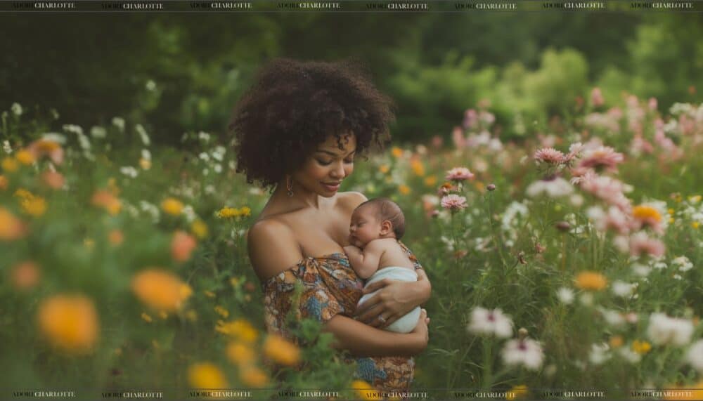 Postpartum Style Tips mother and baby in flowers