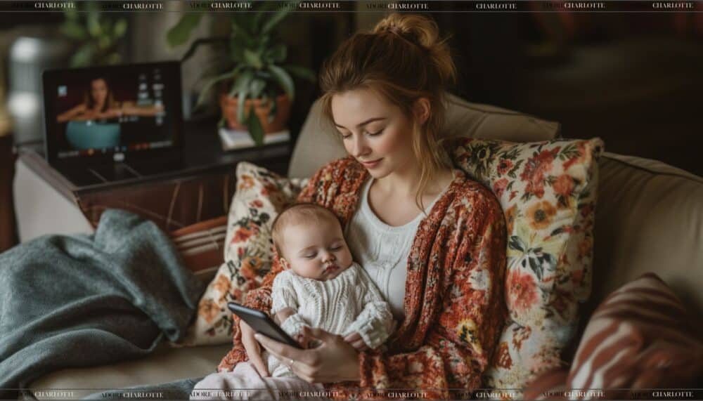 Mum cosy shopping online while baby naps.