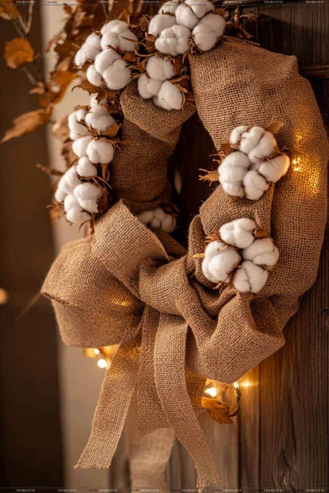 Burlap and Cotton Wreath fall wreath ideas