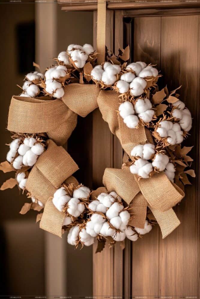 Burlap and Cotton Wreath fall wreath ideas