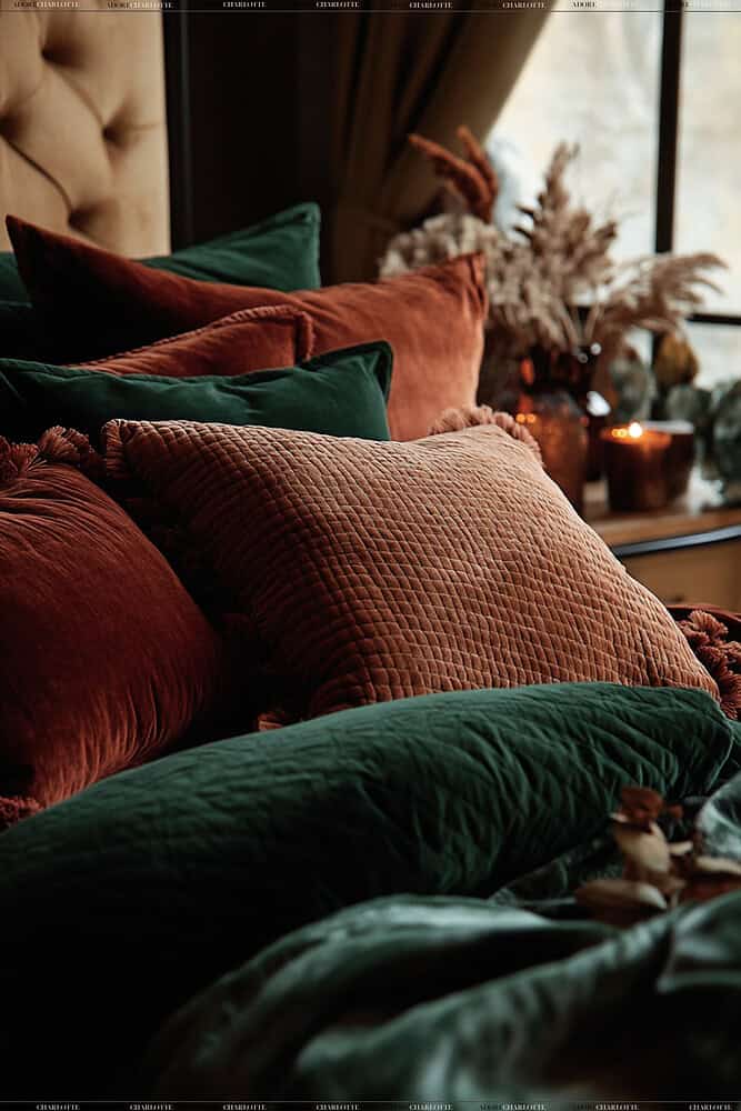 Layered Bedding Fall bedroom Decor Ideas green and brown.