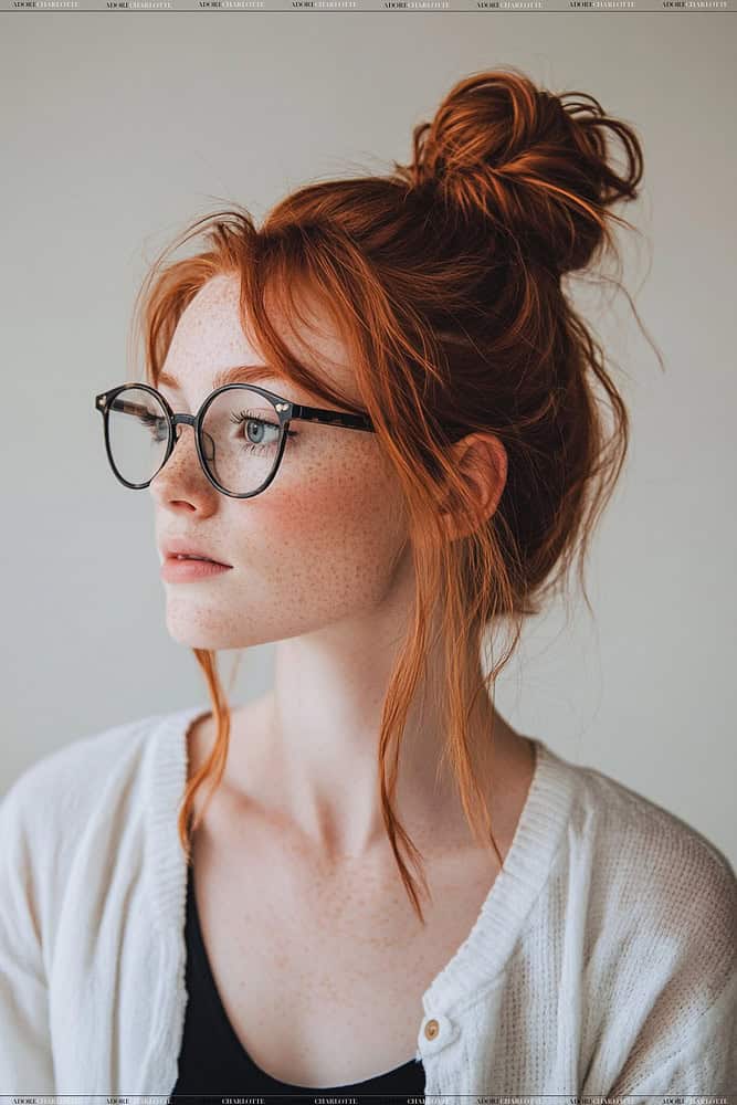 messy top knot hairstyles for women with glasses