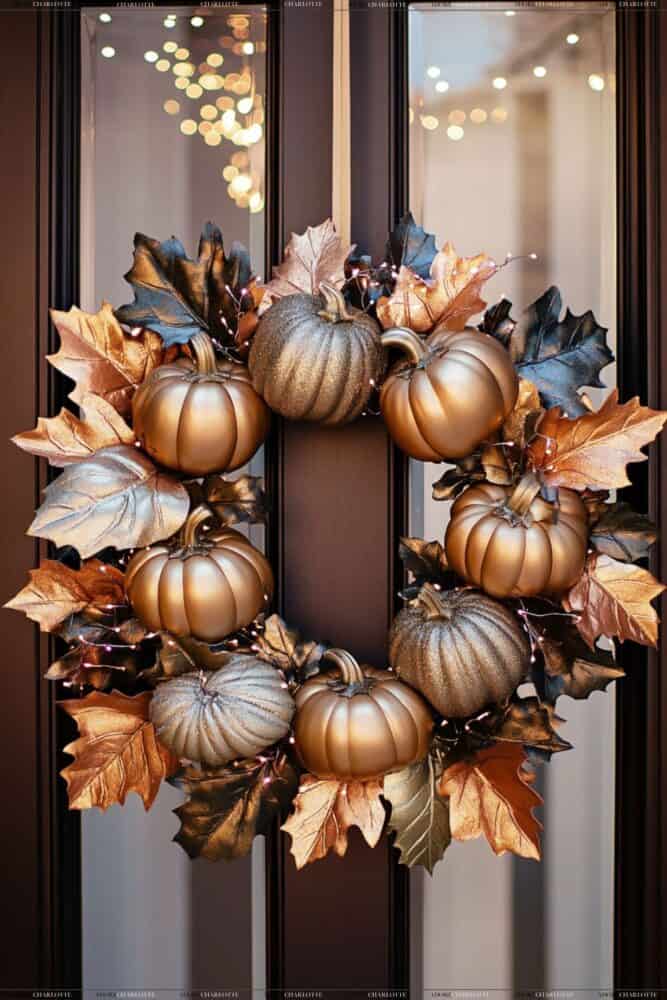 Metallic Pumpkin and Leaf Wreath Fall Wreath Ideas.