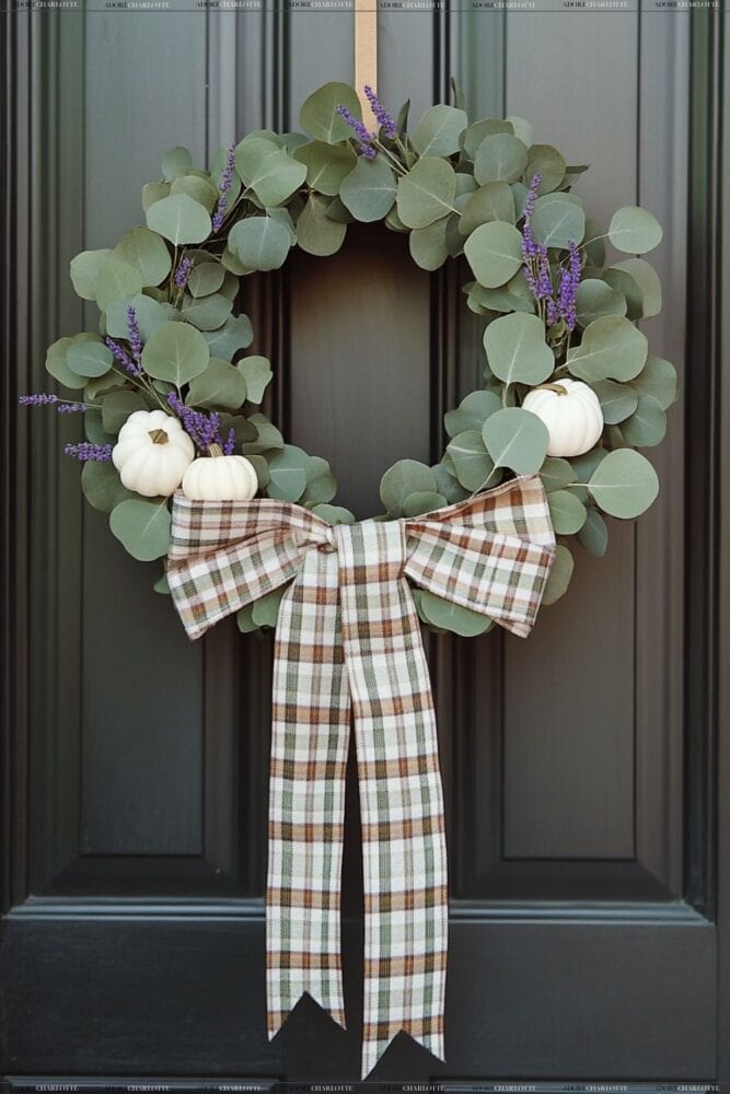 Plaid Ribbon and Eucalyptus Wreath Fall Wreath Ideas.