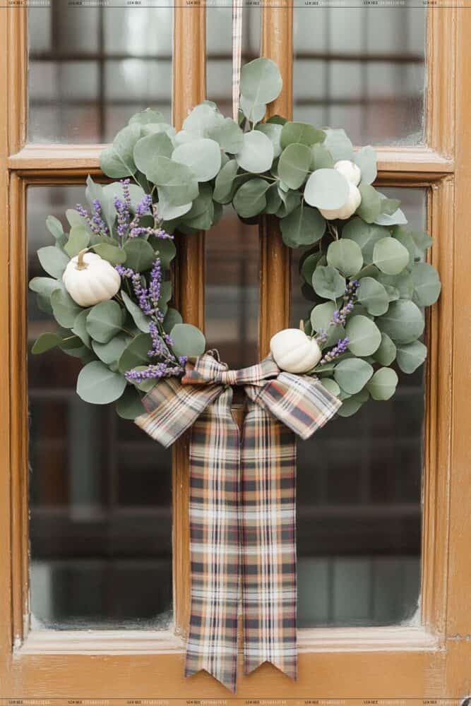 Plaid Ribbon and Eucalyptus Wreath Fall Wreath Ideas.