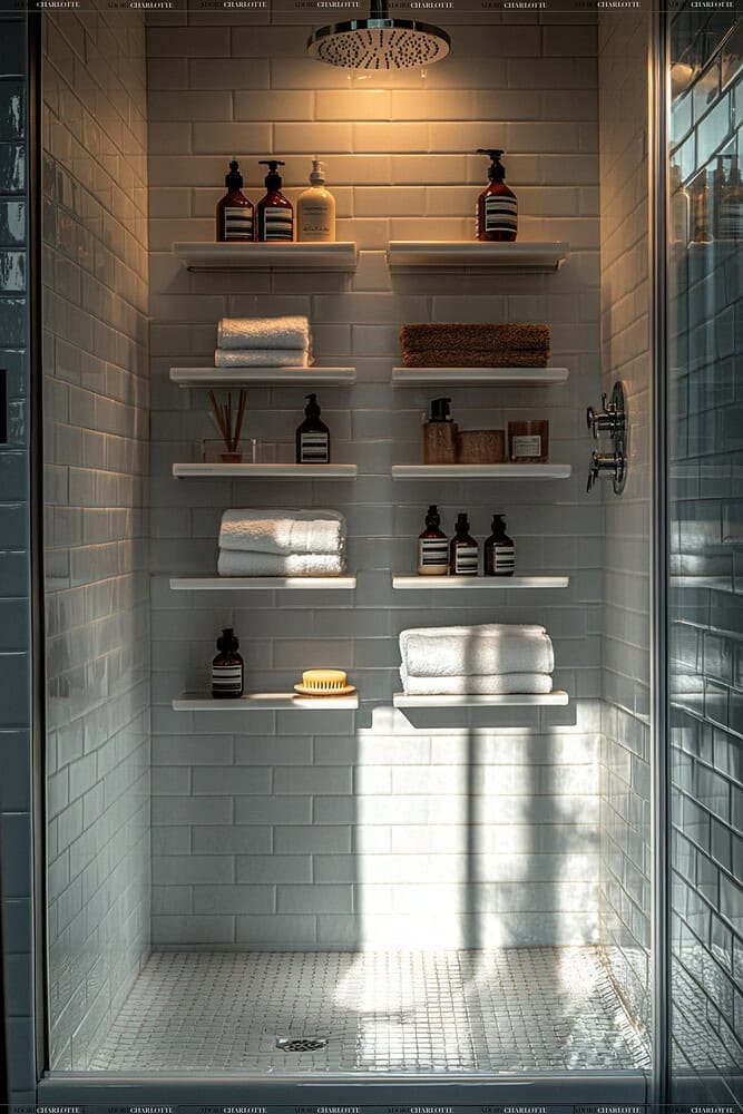 Vertical shower storage Small Apartment Bathroom Ideas